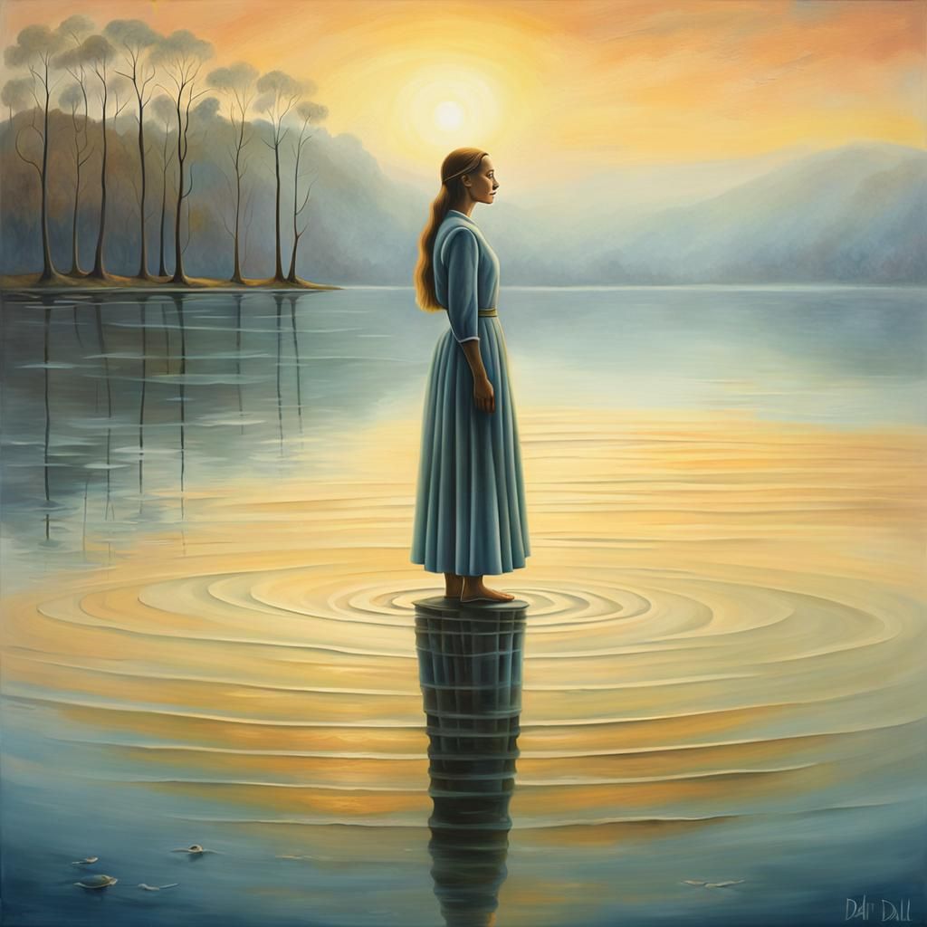 Ethereal Woman on Lake at Sunrise