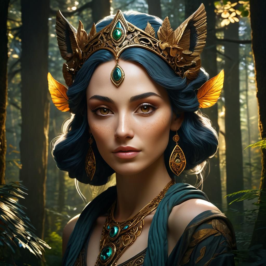 Druid Priestess Portrait in Chiaroscuro Forest