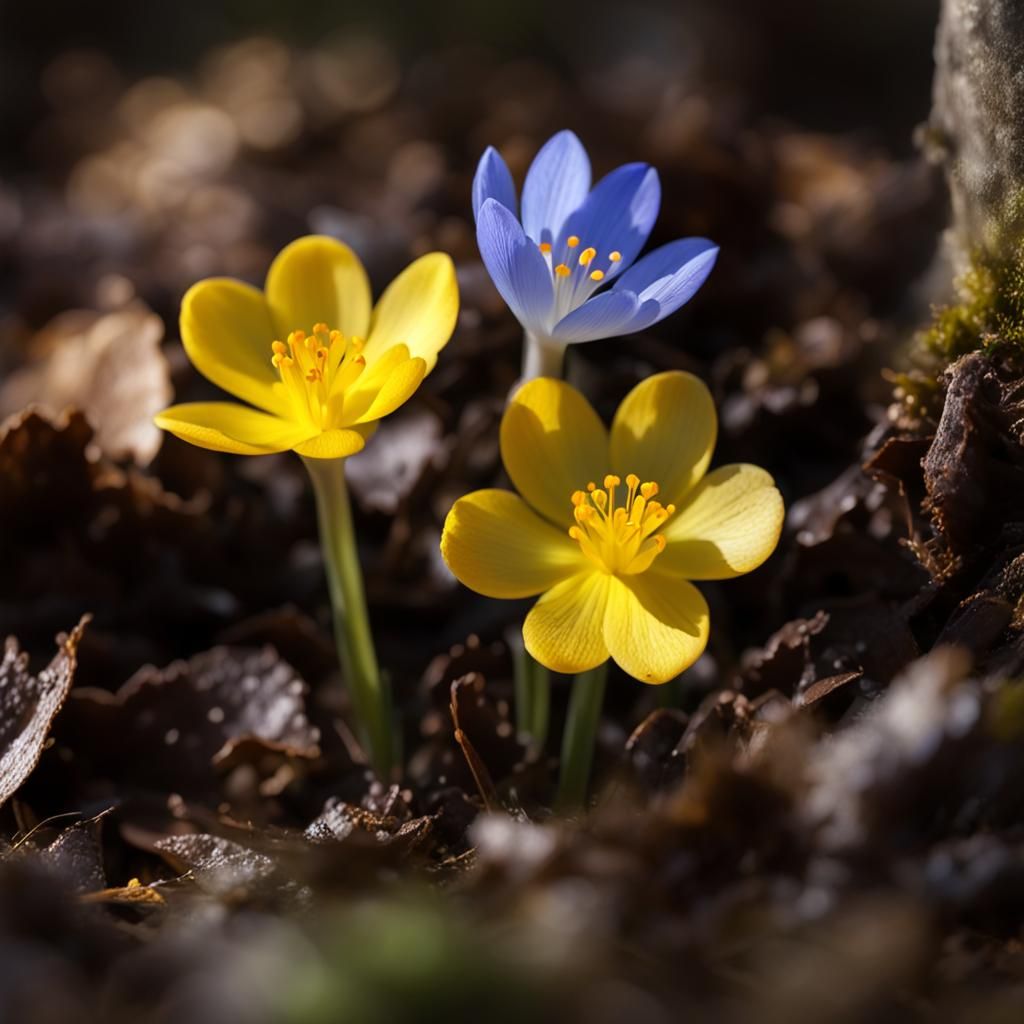 Spring Flowers in Forest: Hepatica and Crocus