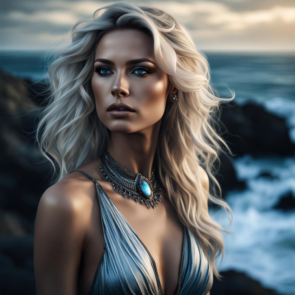 Blonde Woman with Silver Highlights by the Ocean
