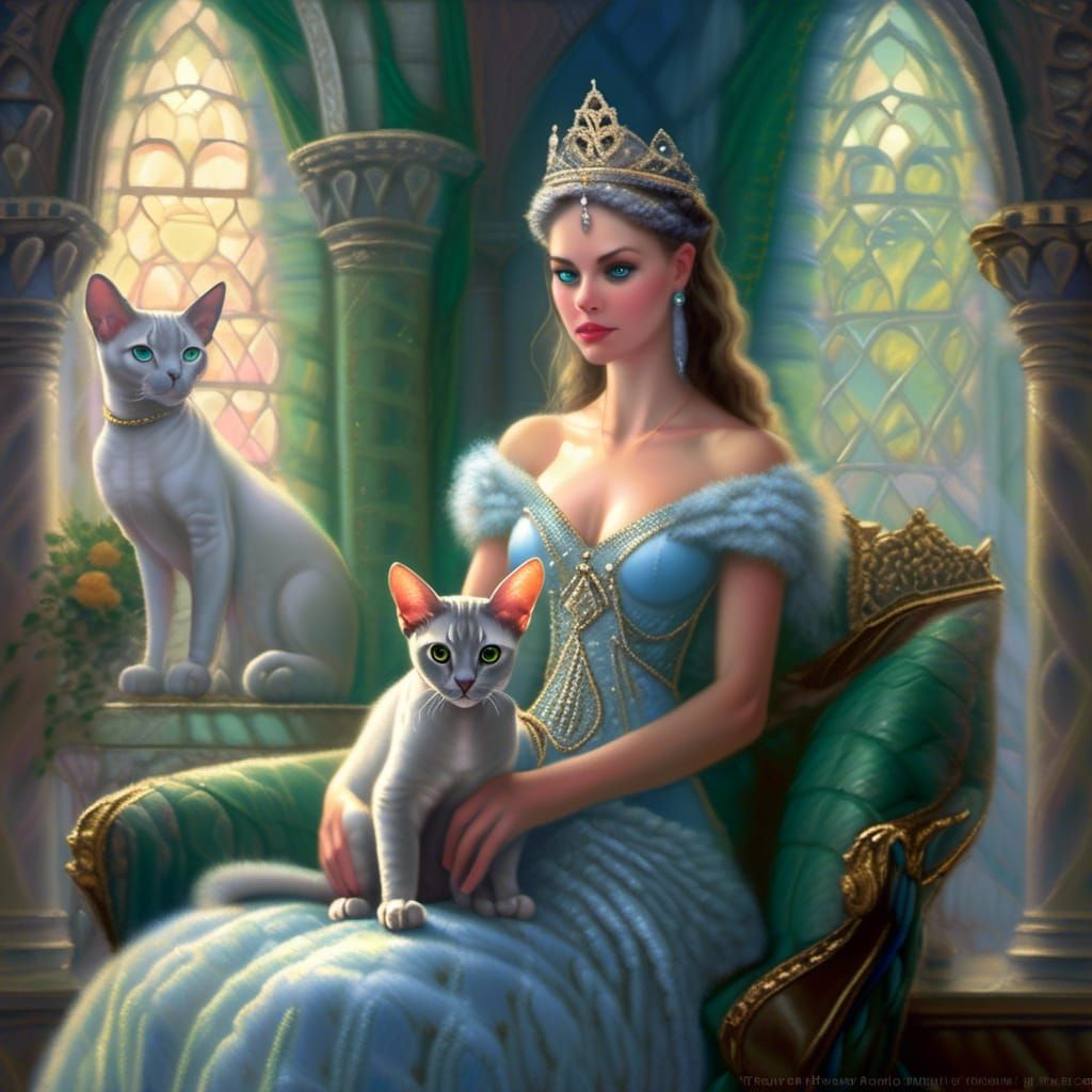Medieval Princess with Sphynx Cat, Ethereal Fantasy Style