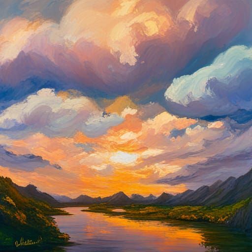 Clouds in Warm Colors: Impressionistic Acrylic Landscape
