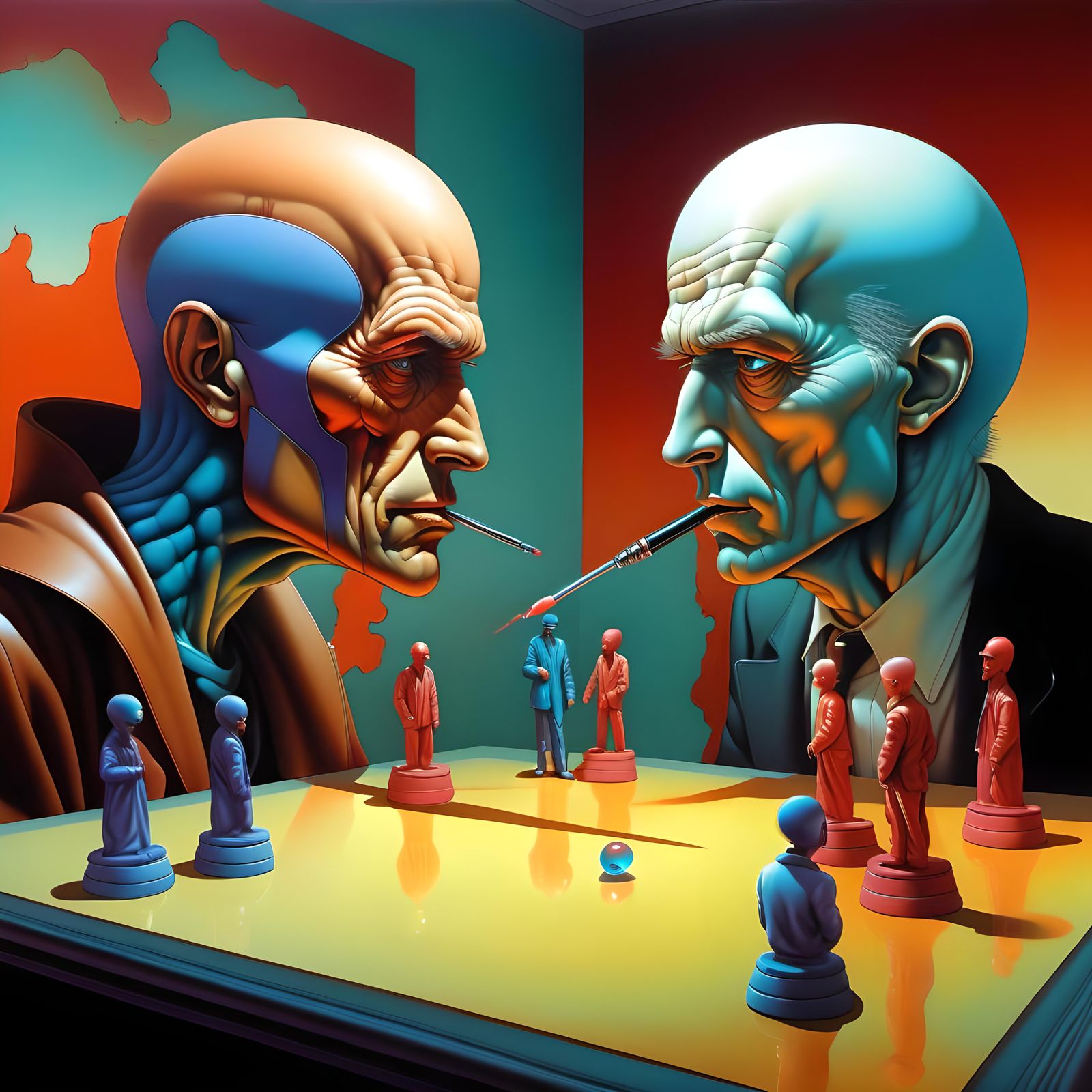 Surreal 3D Confrontation in Moebius Airbrush Style