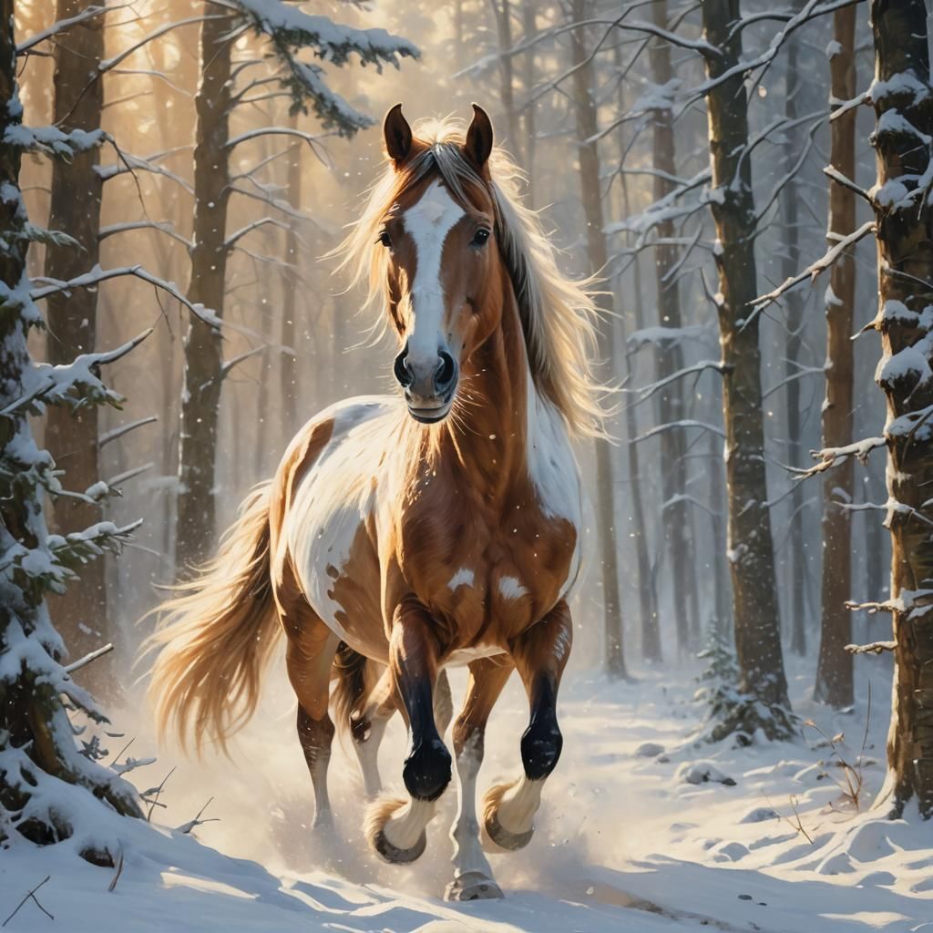 Pinto Horse Runs Through Snowy Forest as Oil Painting