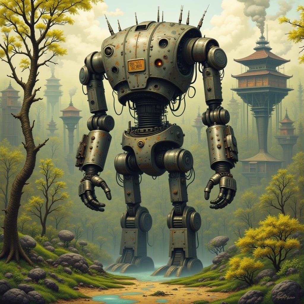 Ghibli-Inspired Robot Landscape with Abandoned Bathhouse