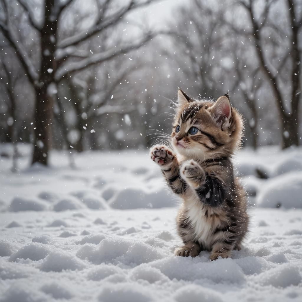 Tiny kitten in the snow, patting at snowflakes