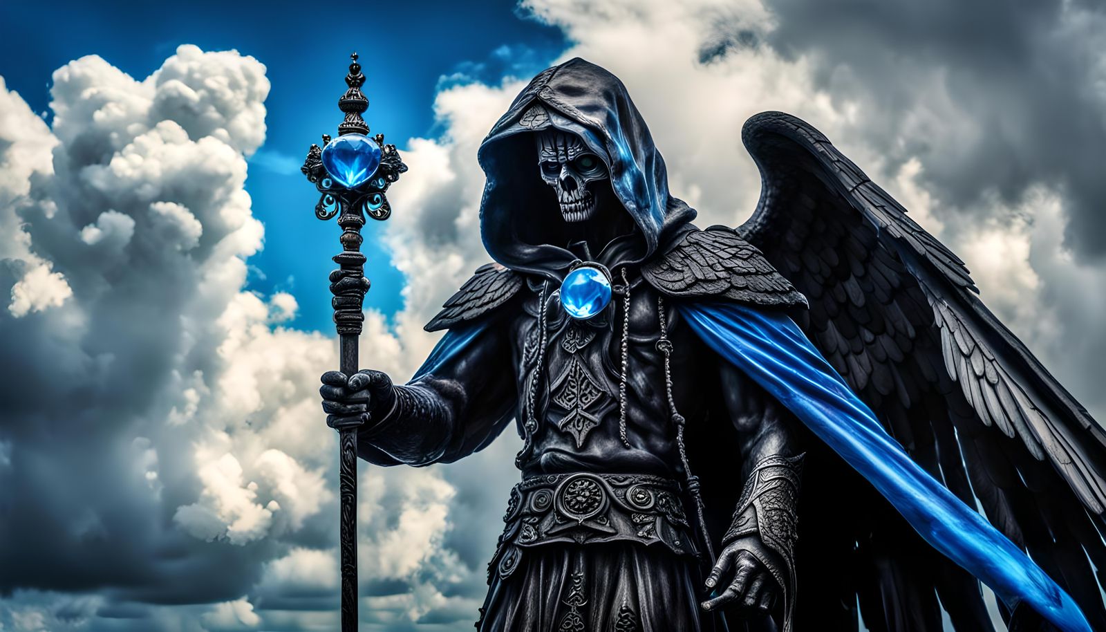 Black Winged Angel of Death with Blue Jewel Staff