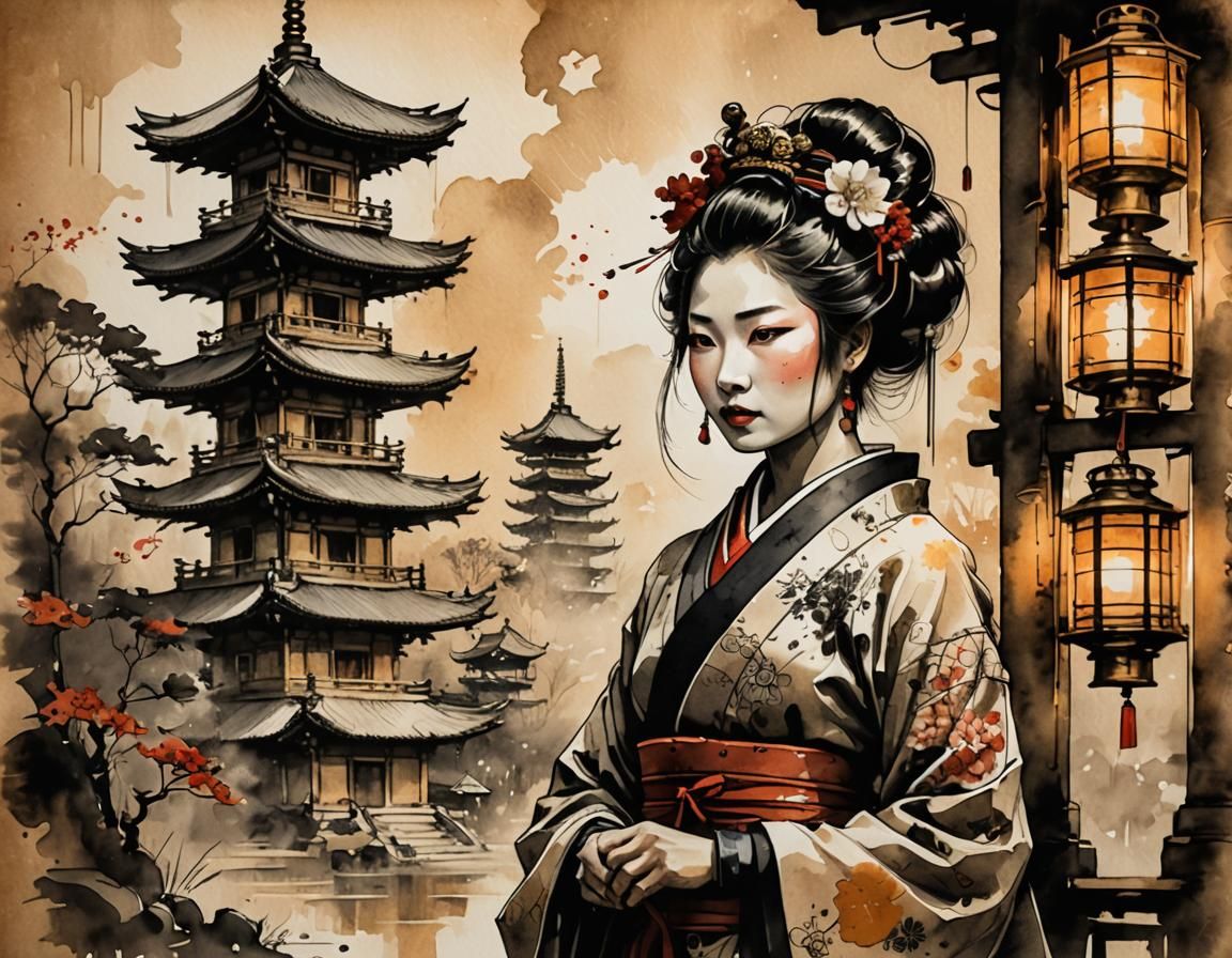 Geisha and Pagoda in Steampunk Ink Painting