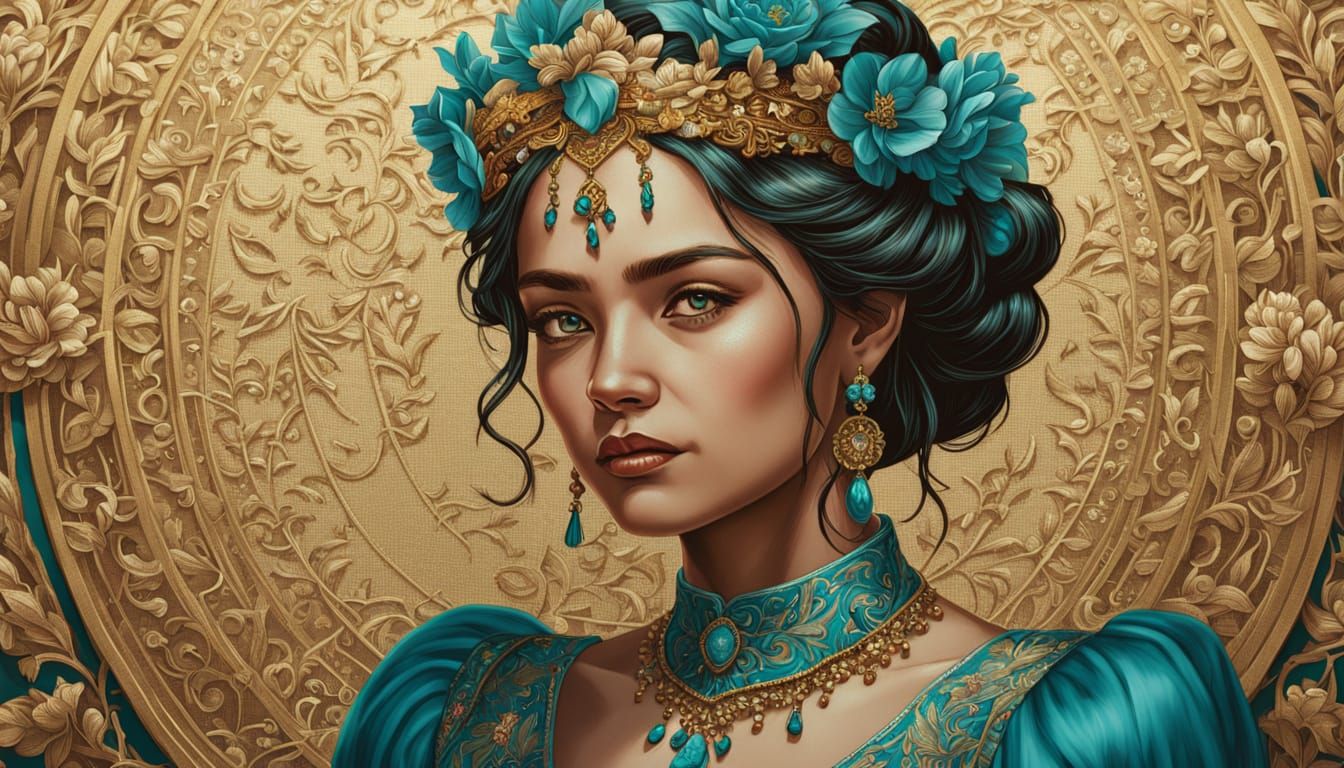 Regal Figure Portrait in Turquoise Dress, Comic Book Art