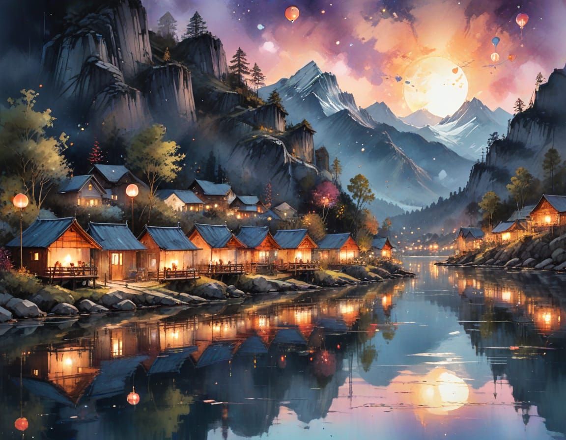 Mountain Village Twilight Lantern Festival in Watercolor Sty...