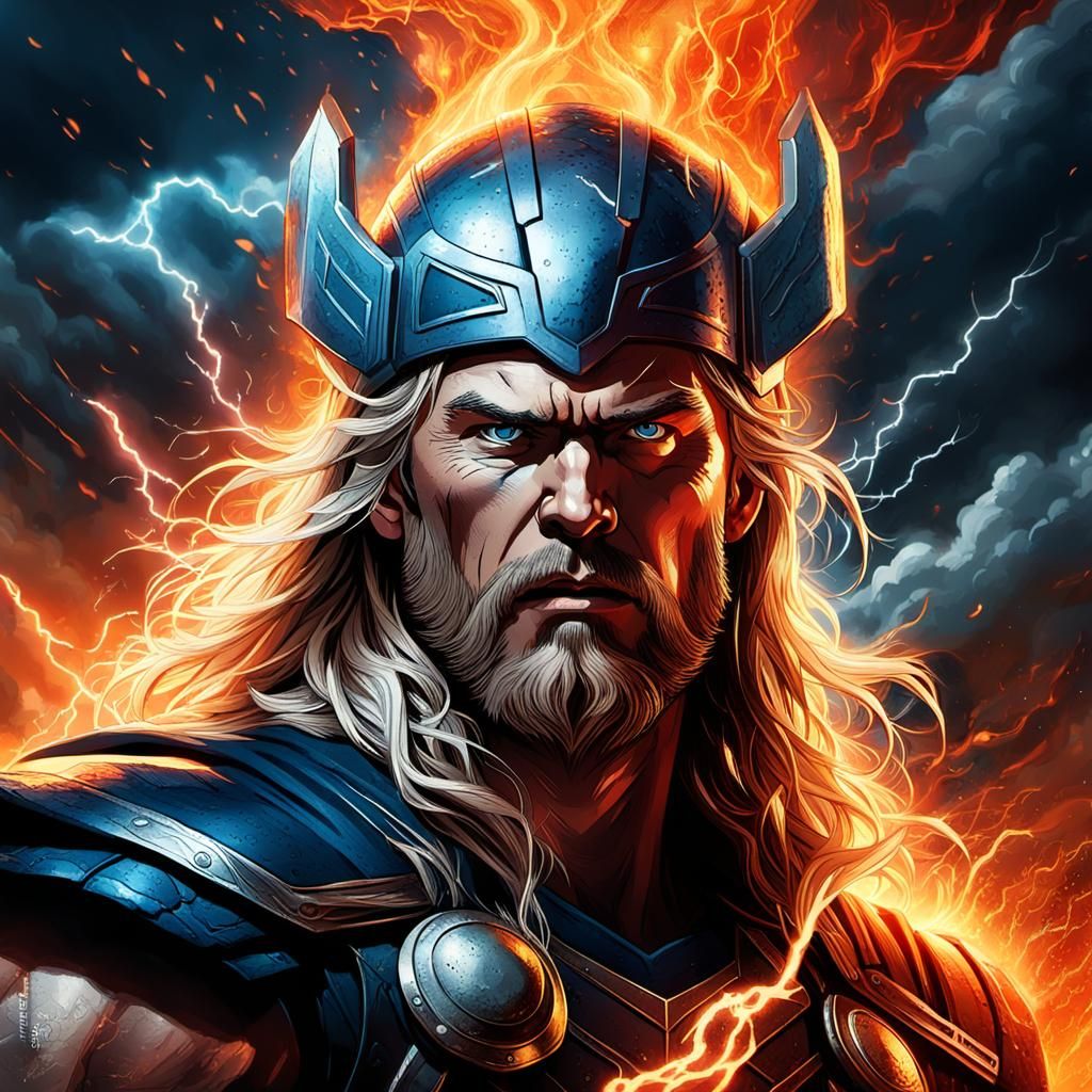 Thor's Furious Face in War-Torn Landscape