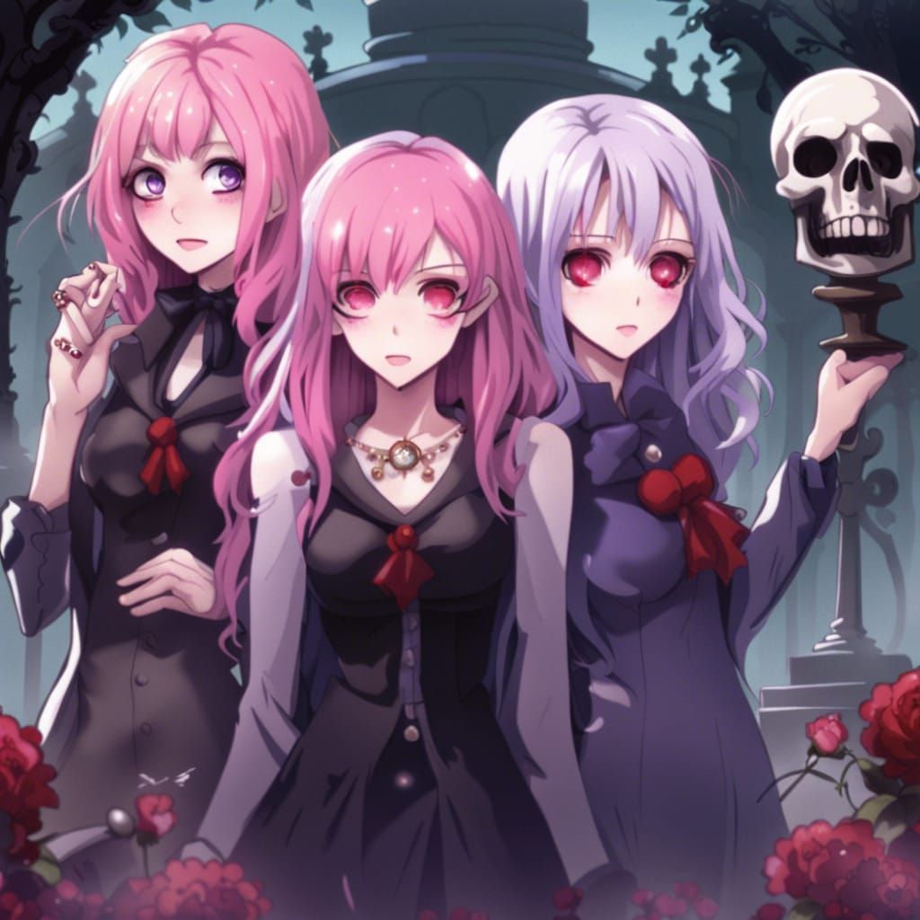 Eerie Cemetery Gathering in Burton-esque Anime Style