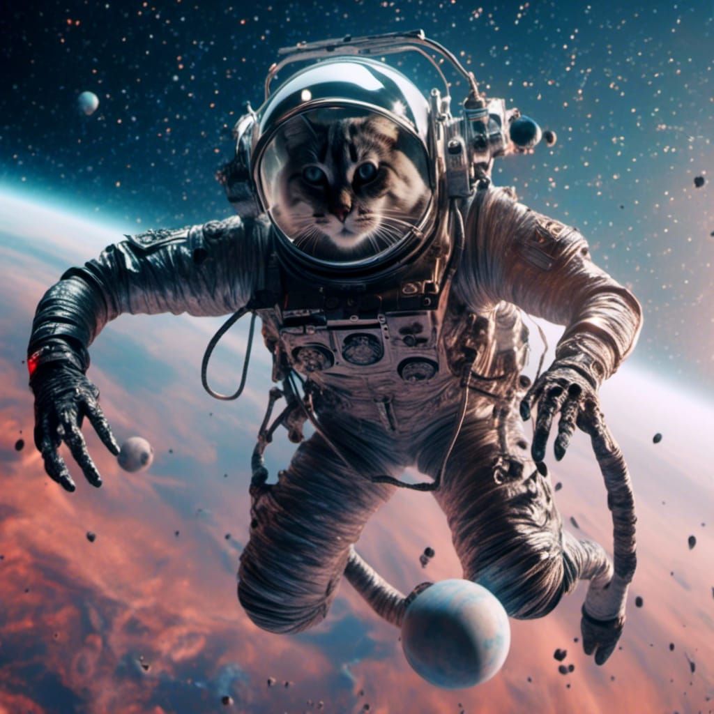 Cat Astronaut Leaping Through Space Near Saturn