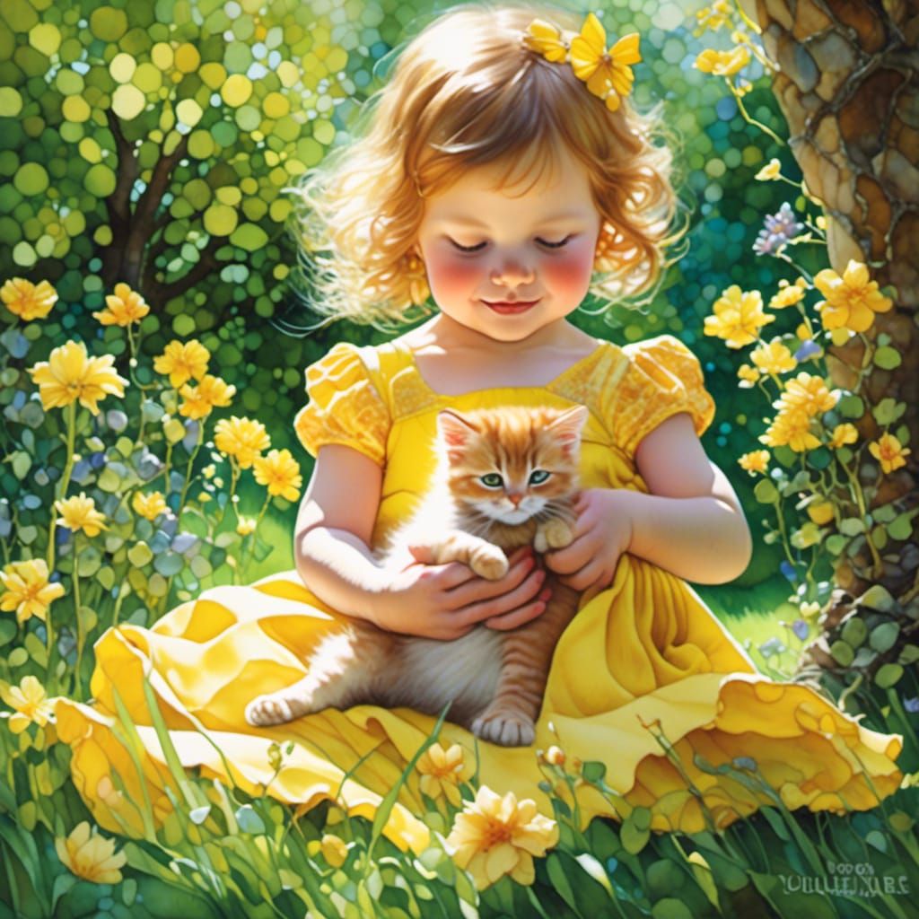 Baby Girl and Kitten in Sunny Garden