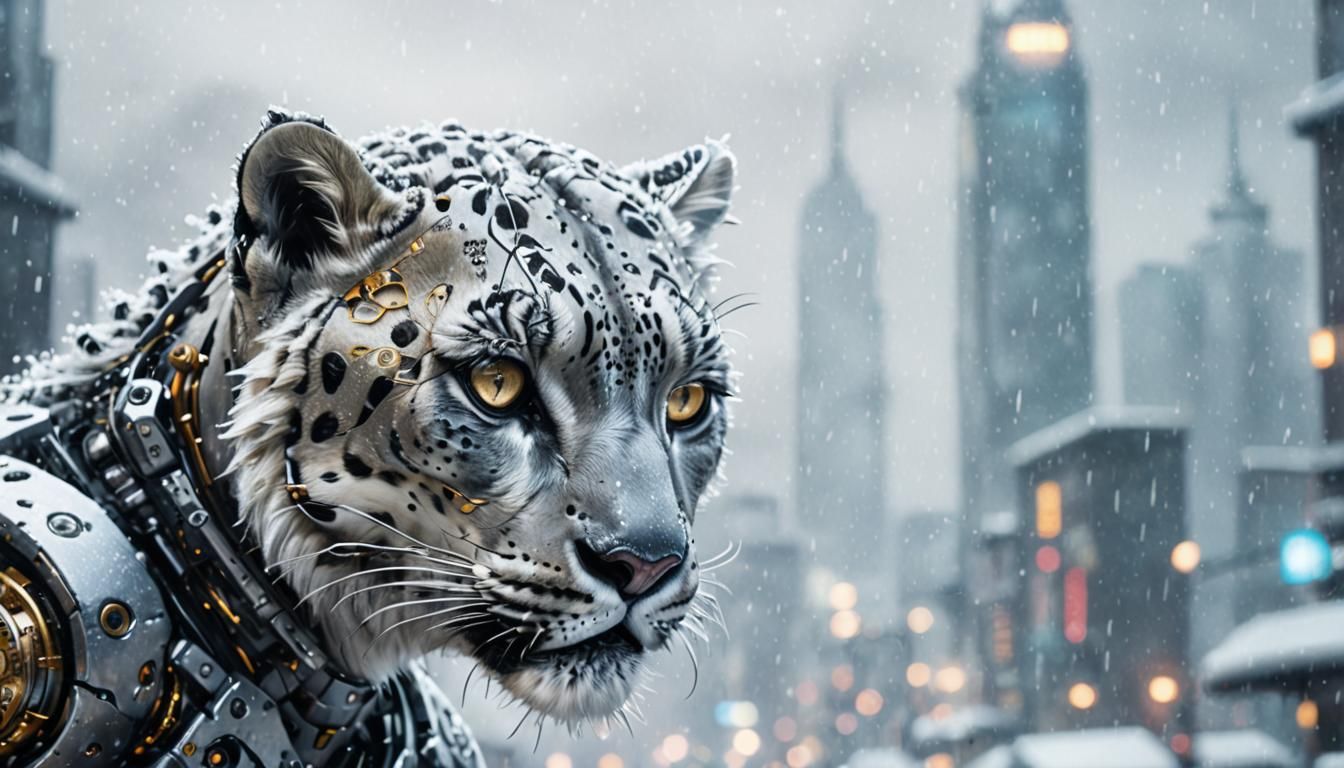 Snow Leopard Cyborg in Snowy City: Sci-Fi Art