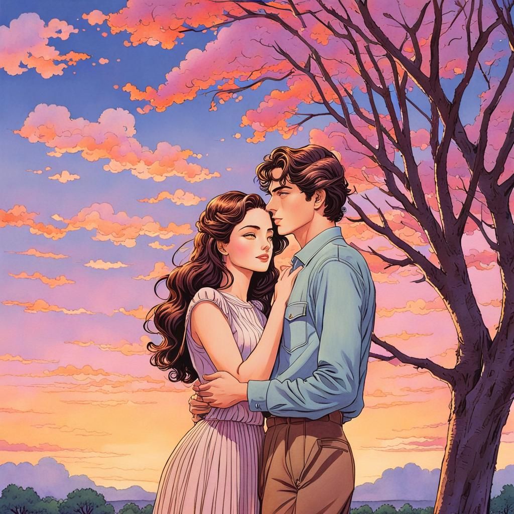 Elegant Couple in Ligne Claire Style Illustration