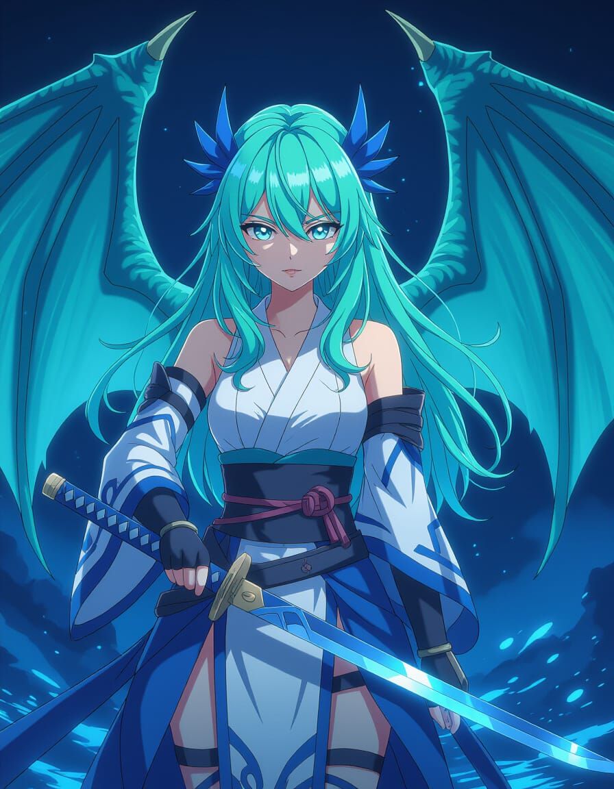 Anime Woman with Blue Dragon Wings and Katana