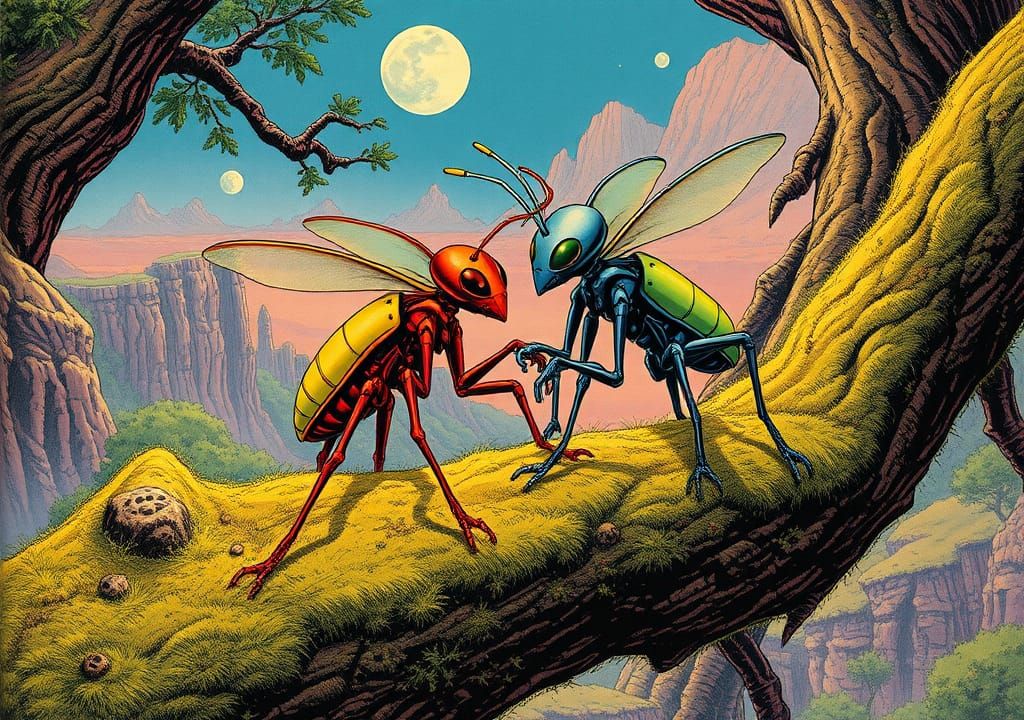 Robot Insects Fight in Moebius Style Sci-Fi Landscape