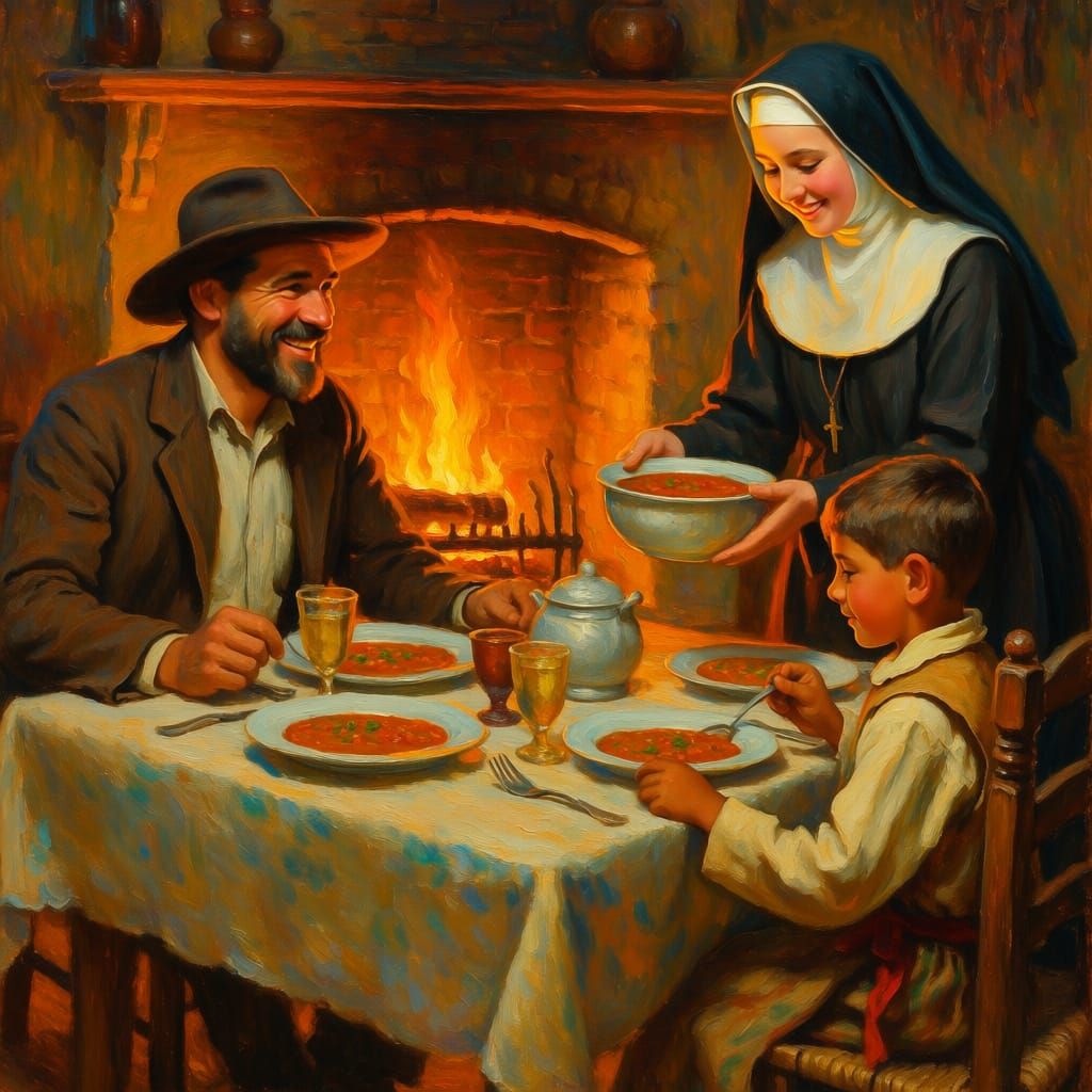 Impressionist Oil Painting of Man, Boy, and Nun