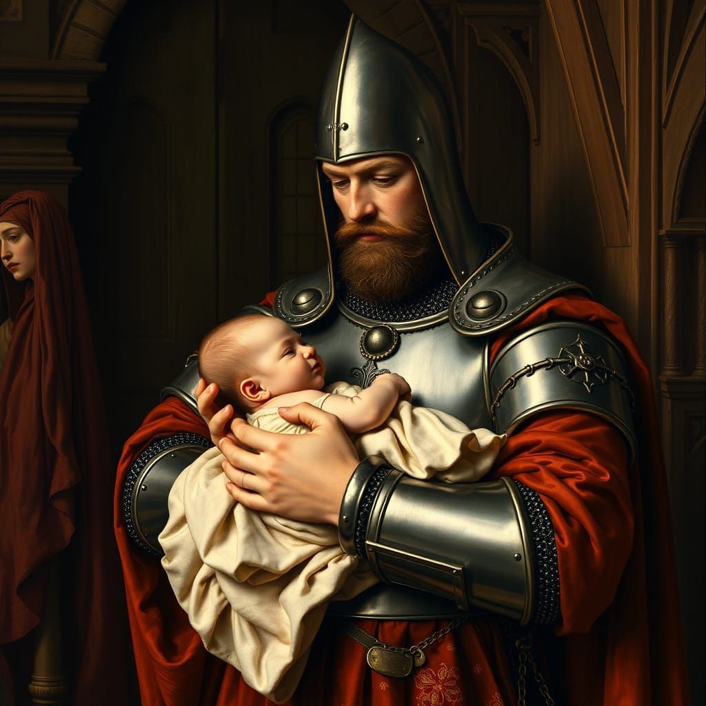 Knight Cradles Newborn Heir in Medieval Castle