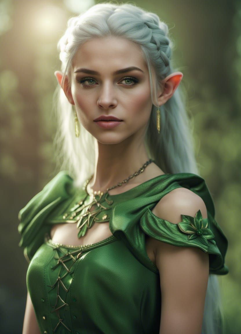 Beautiful Elf Maiden in Green, Fantasy Portrait