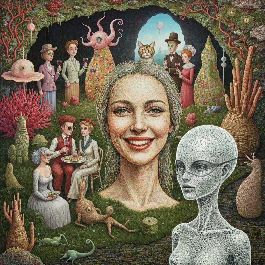 Surreal Garden Party with Dreamlike Creatures