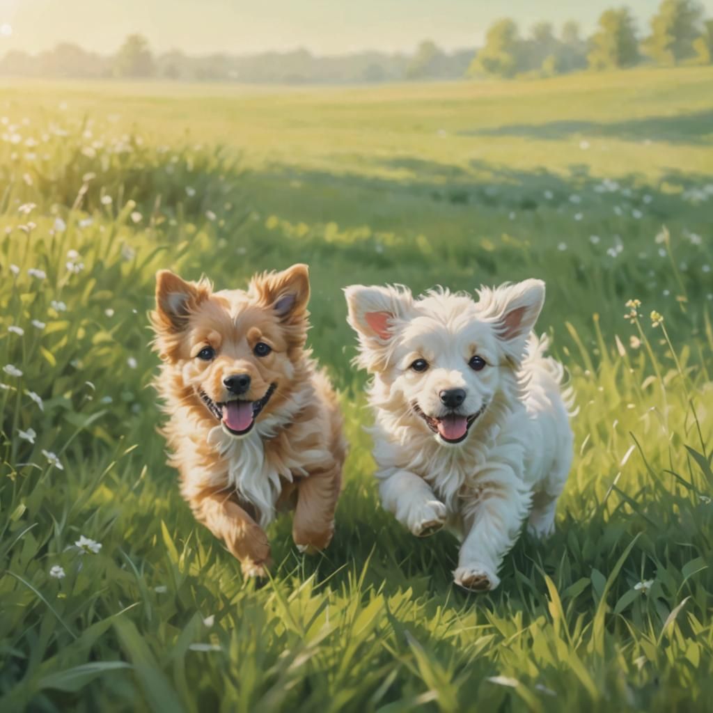 Playful Puppies in Sunlit Meadow Illustration