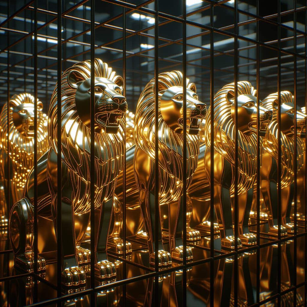 Golden Glass Lions Barking in a Cage