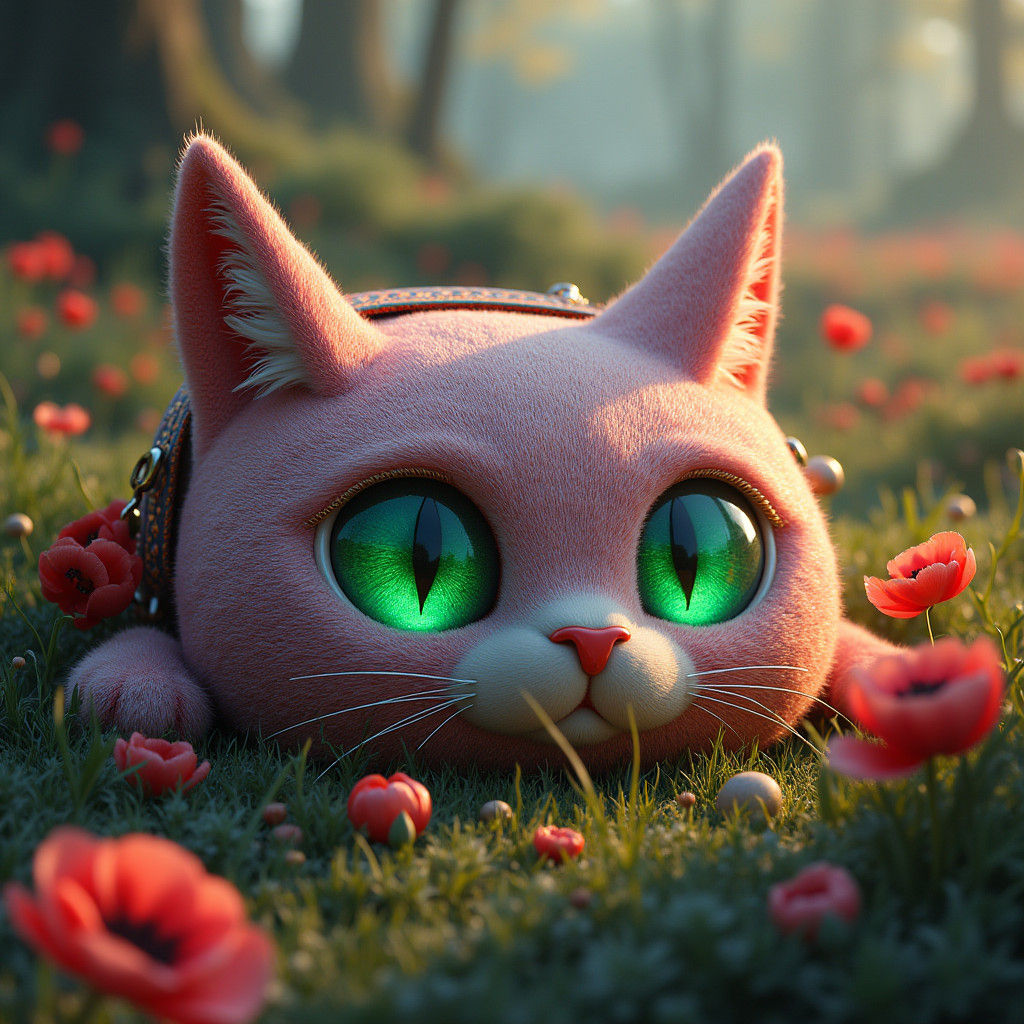 Plush Cat Bag in Floral Landscape, Fantasy Concept Art