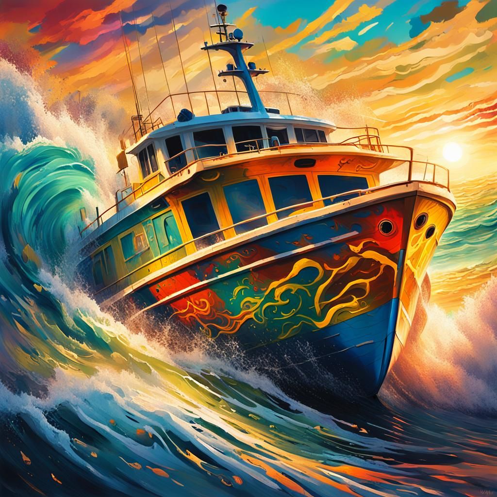 Dramatic Boat in Rough Seas, Digital Art