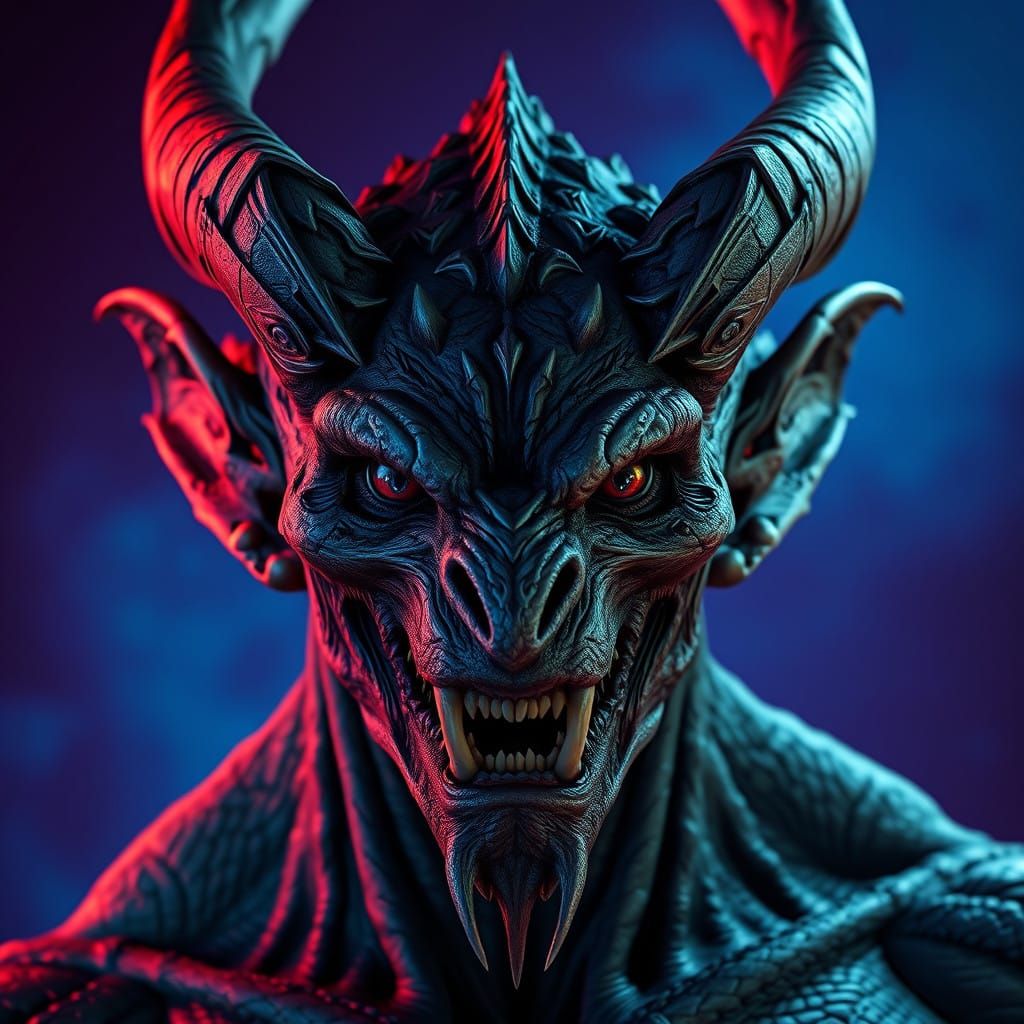 Hyperrealistic Demon with Razor-Sharp Horns in Dark Fantasy....