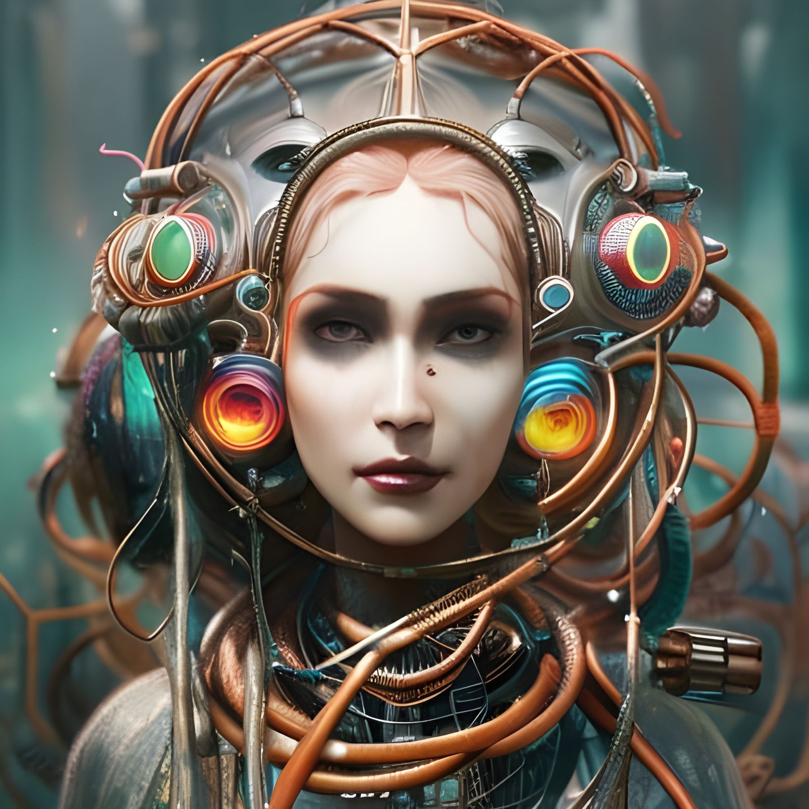 Cyberpunk Girl with Wire Hair and Carnival Mask