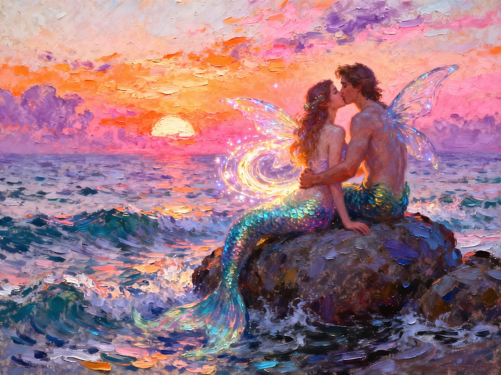 Fairy-Mermaid and Merman Embrace at Sunset