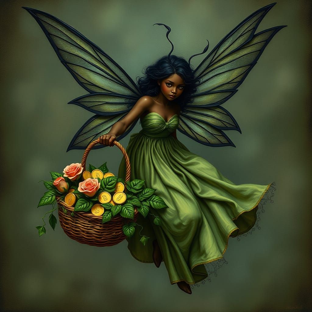 Black Fairy in Green Gown Flying with Basket