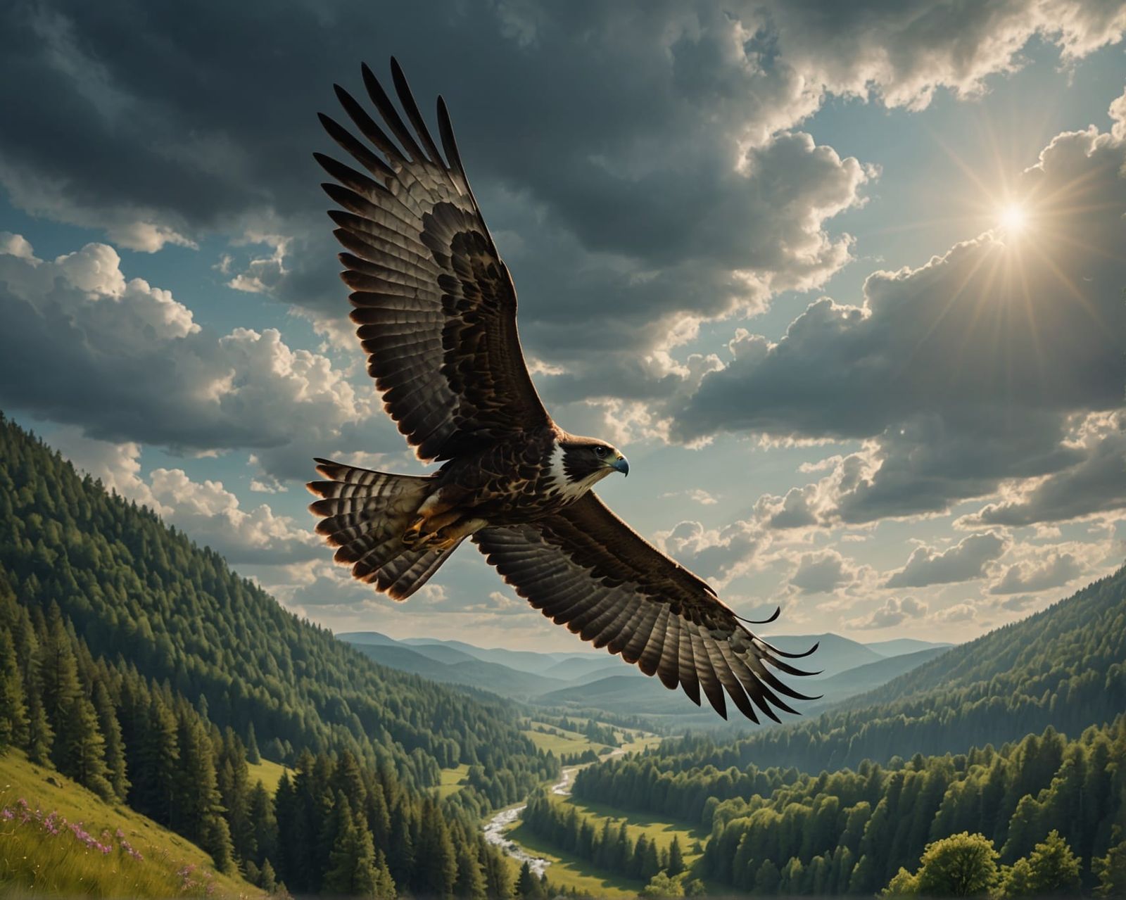 Falcon Soaring Over Forest Meadow: Cinematic Digital Paintin...