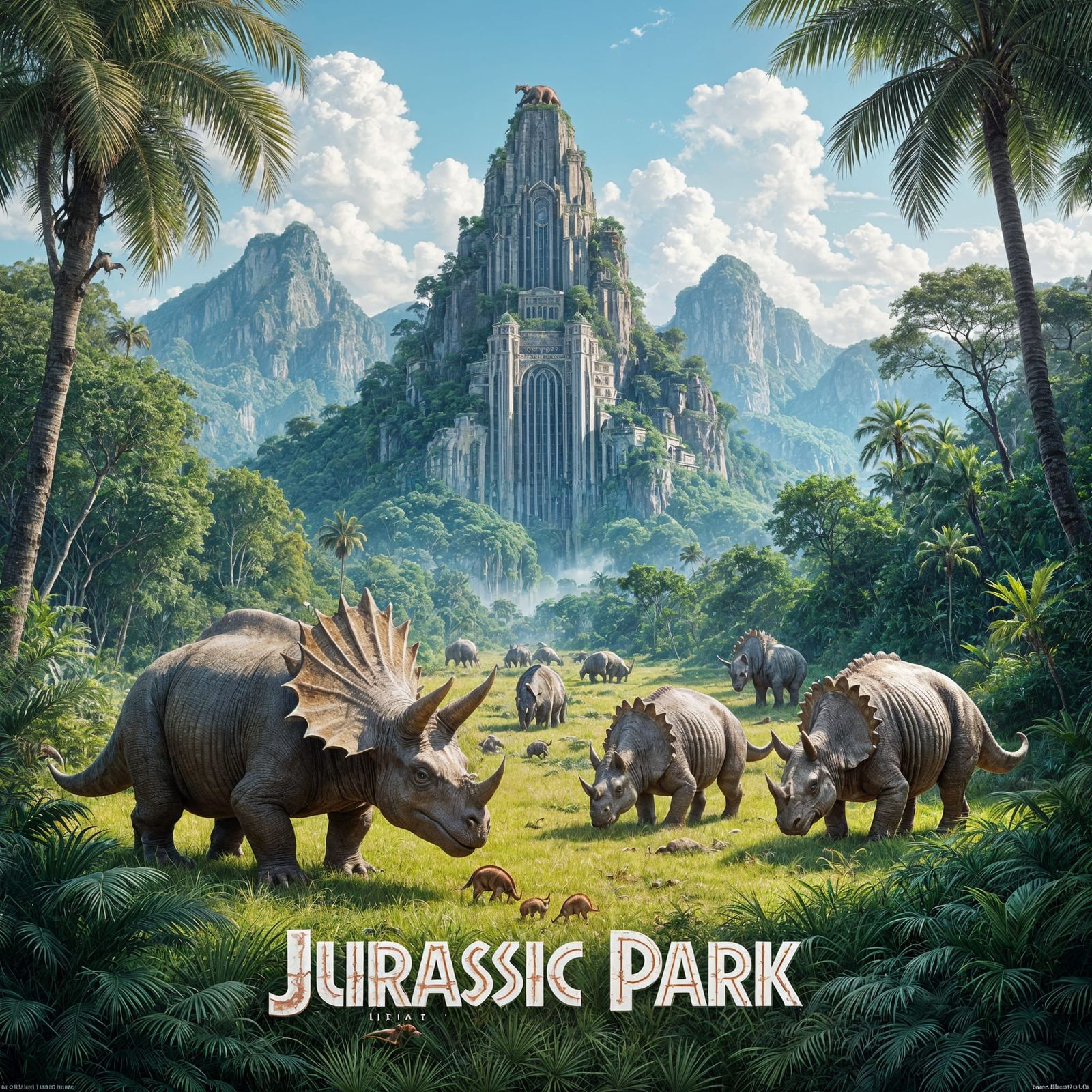 Jurassic Park Poster: Triceratops Herd in Art Deco Jungle