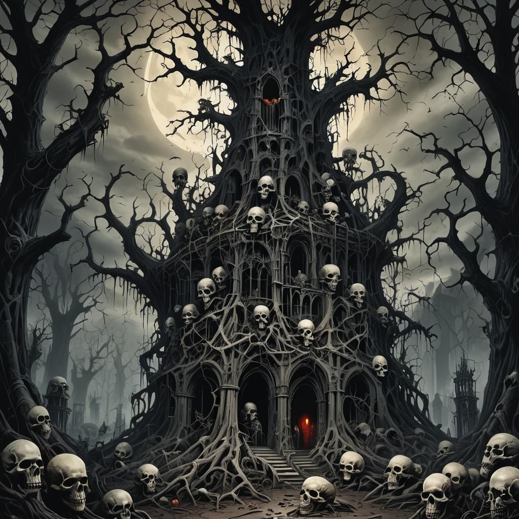 Gothic Macabre Tower of Skulls and Roots