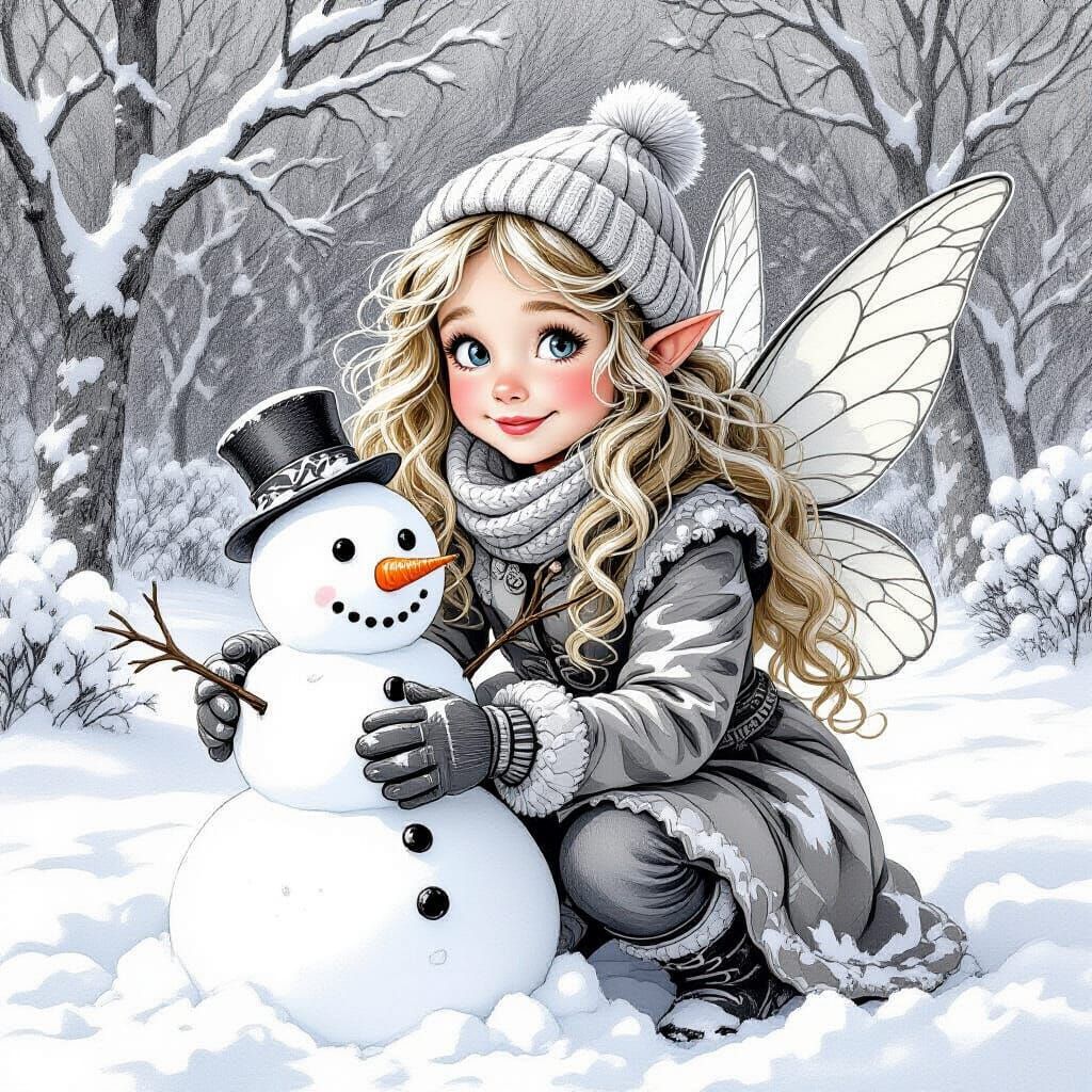 Innocent Fairy Builds Snowman in Grayscale Pencil Art