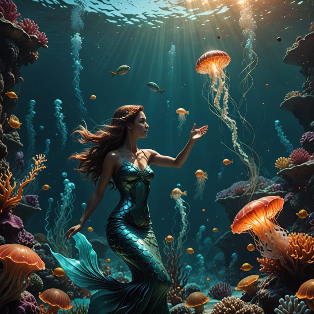 Dramatic Mermaid Scene in Vibrant Coral Reef