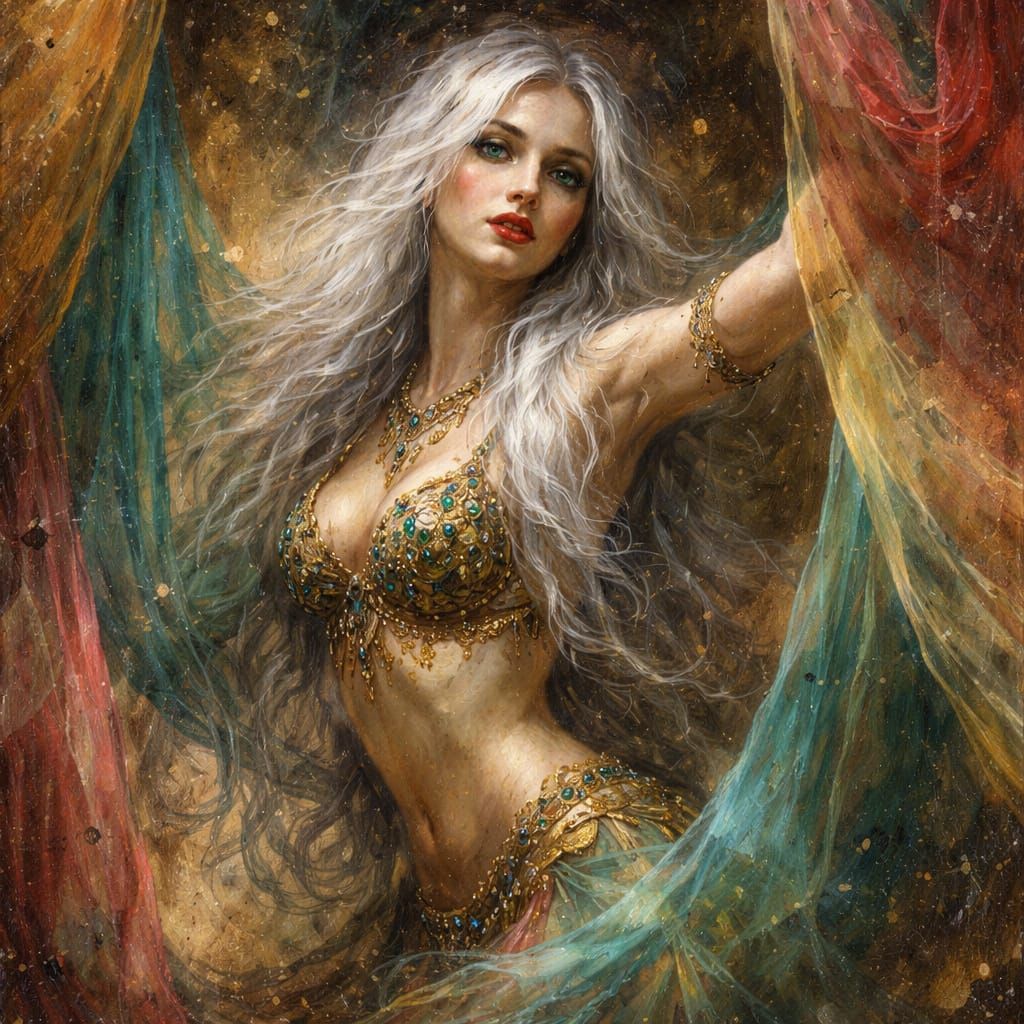 Enchanting Dancer with Flowing Fabrics in Antique Style