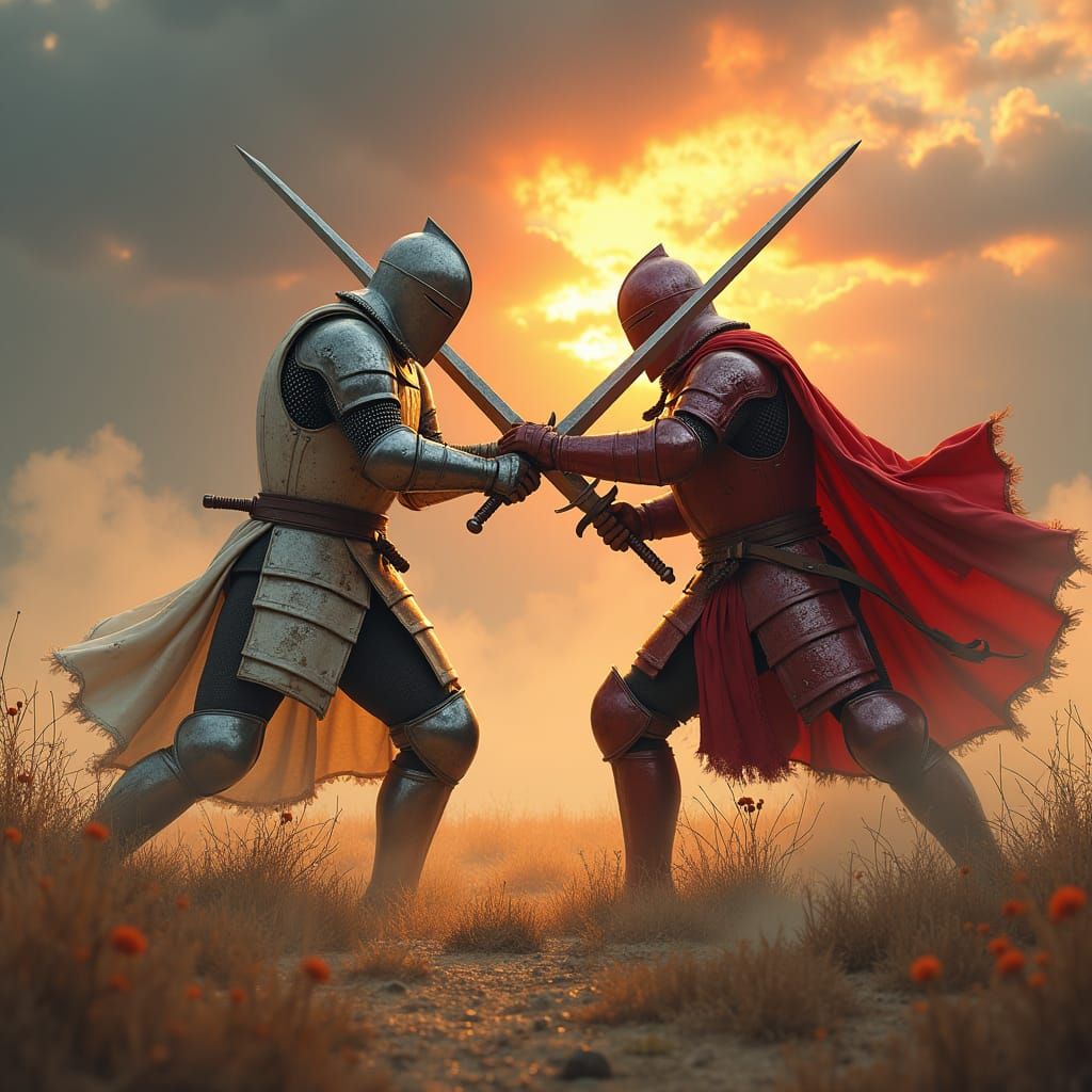 Armored Knights Clash in Sun-Scorched Field