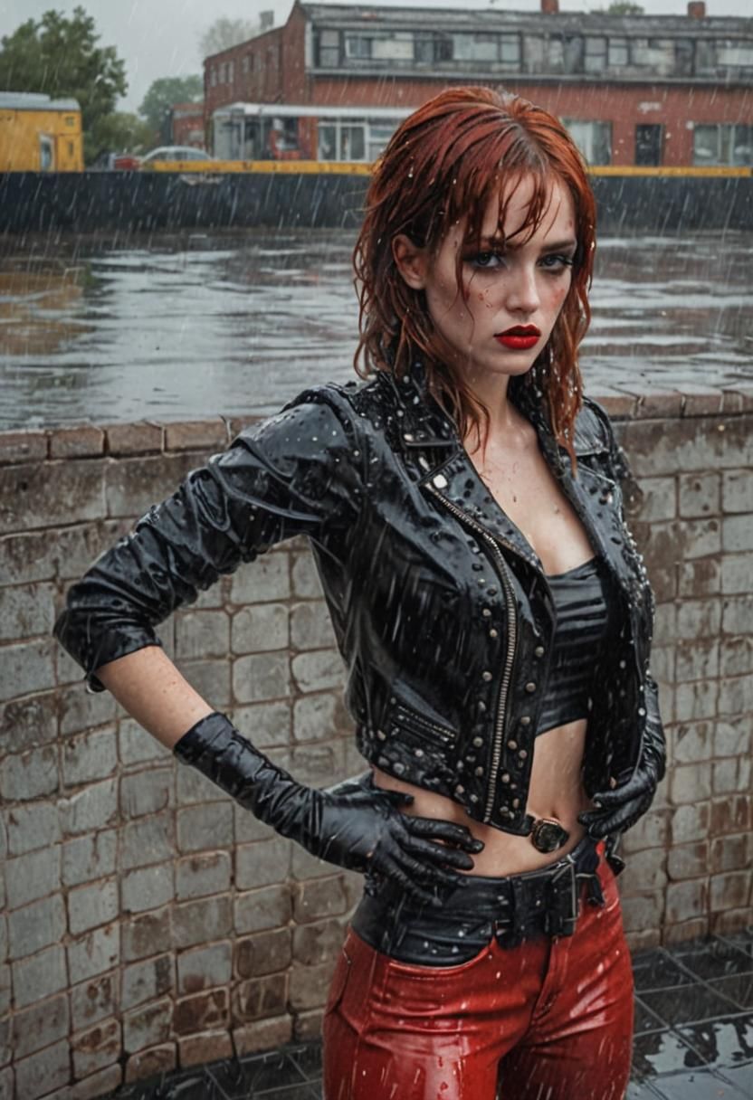 Glamorous Woman in Wet Leather Jacket