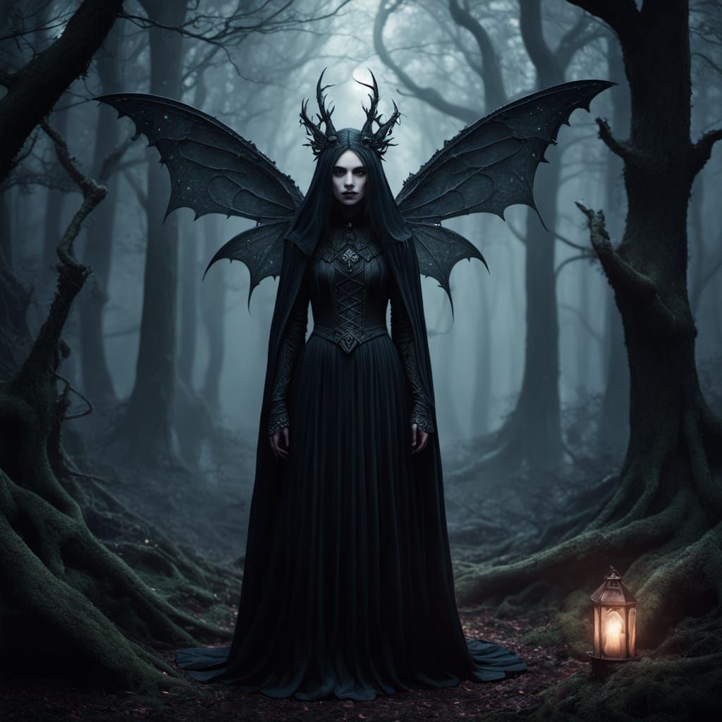 Gothic Witch with Moth Wings in Dark Forest