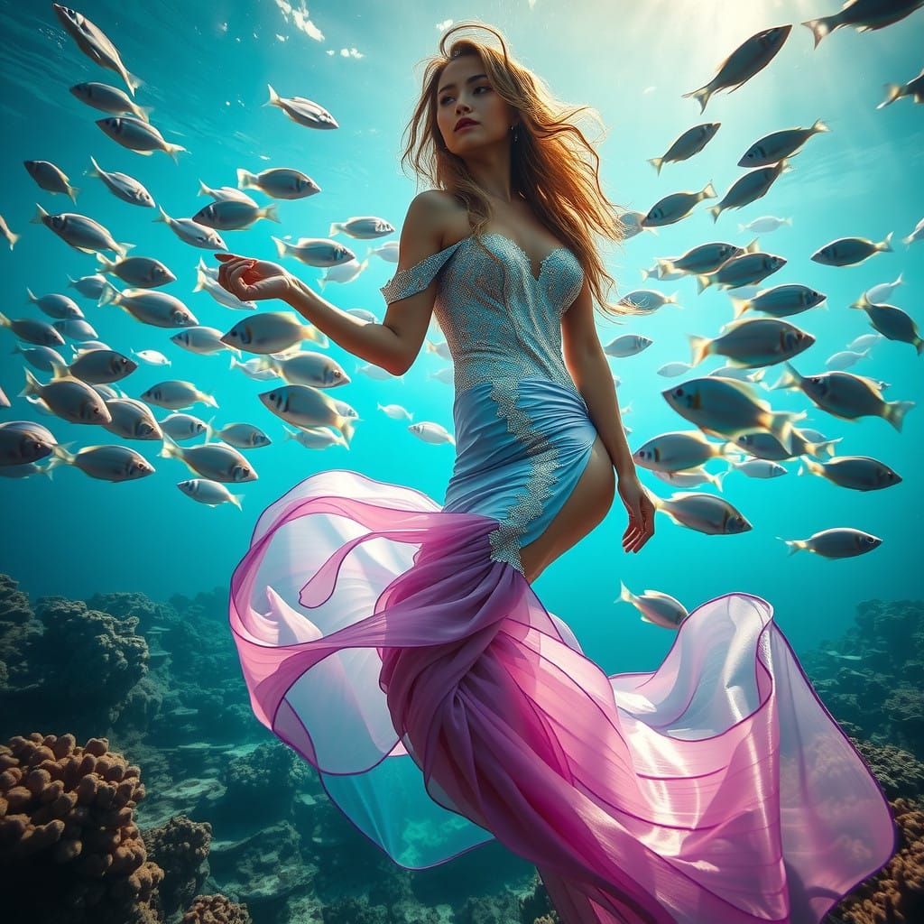 Vibrant Coral Reef Goddess in Iridescent Mermaid Tail