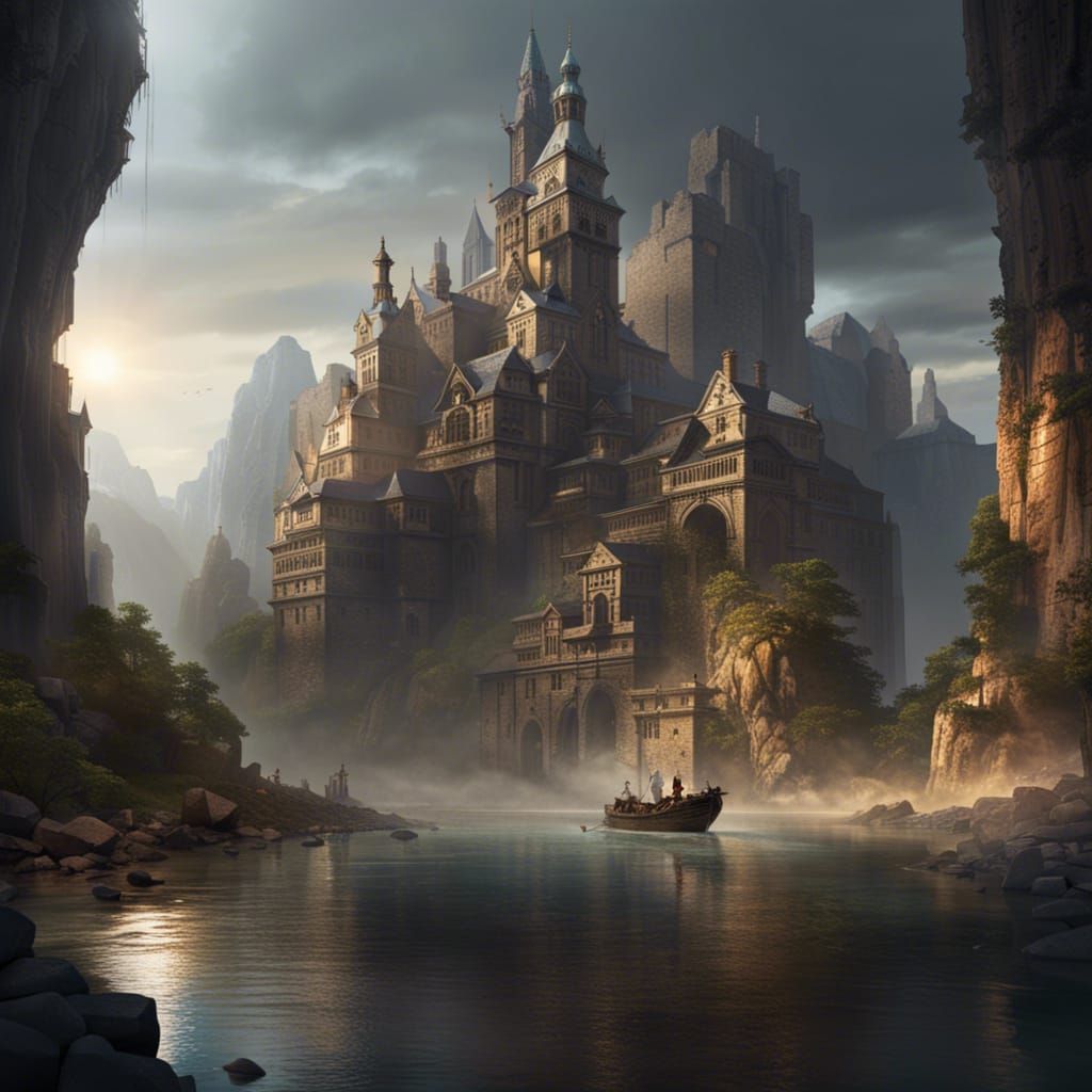 Dark Fantasy City at River Merge, Detailed Art