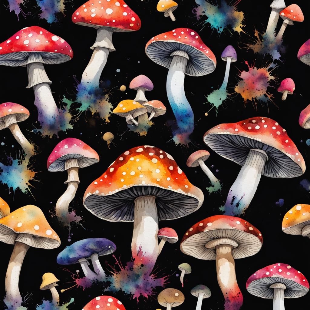 Psychedelic Mushrooms in Watercolor Trash Polka Style