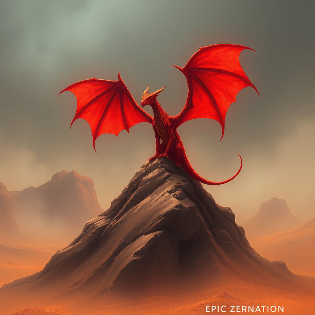 Red Dragon Perched in Brown Stone Desert