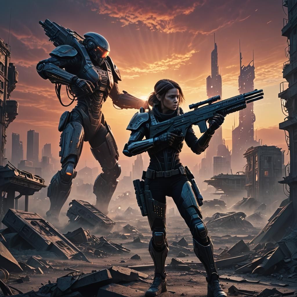 Sci-Fi Soldier vs Alien in War-Torn Cityscape