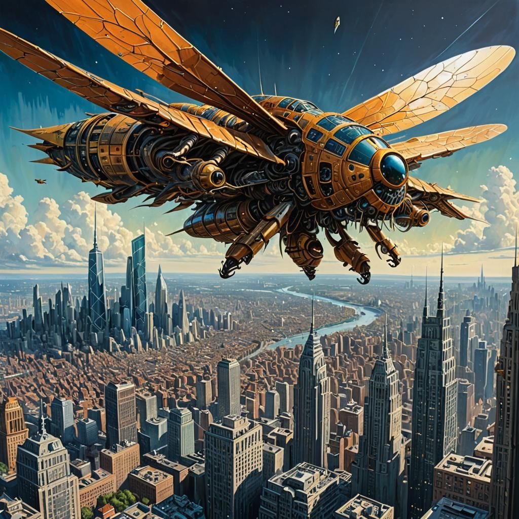 Gigantic Hornet Spaceship Over City Skyline