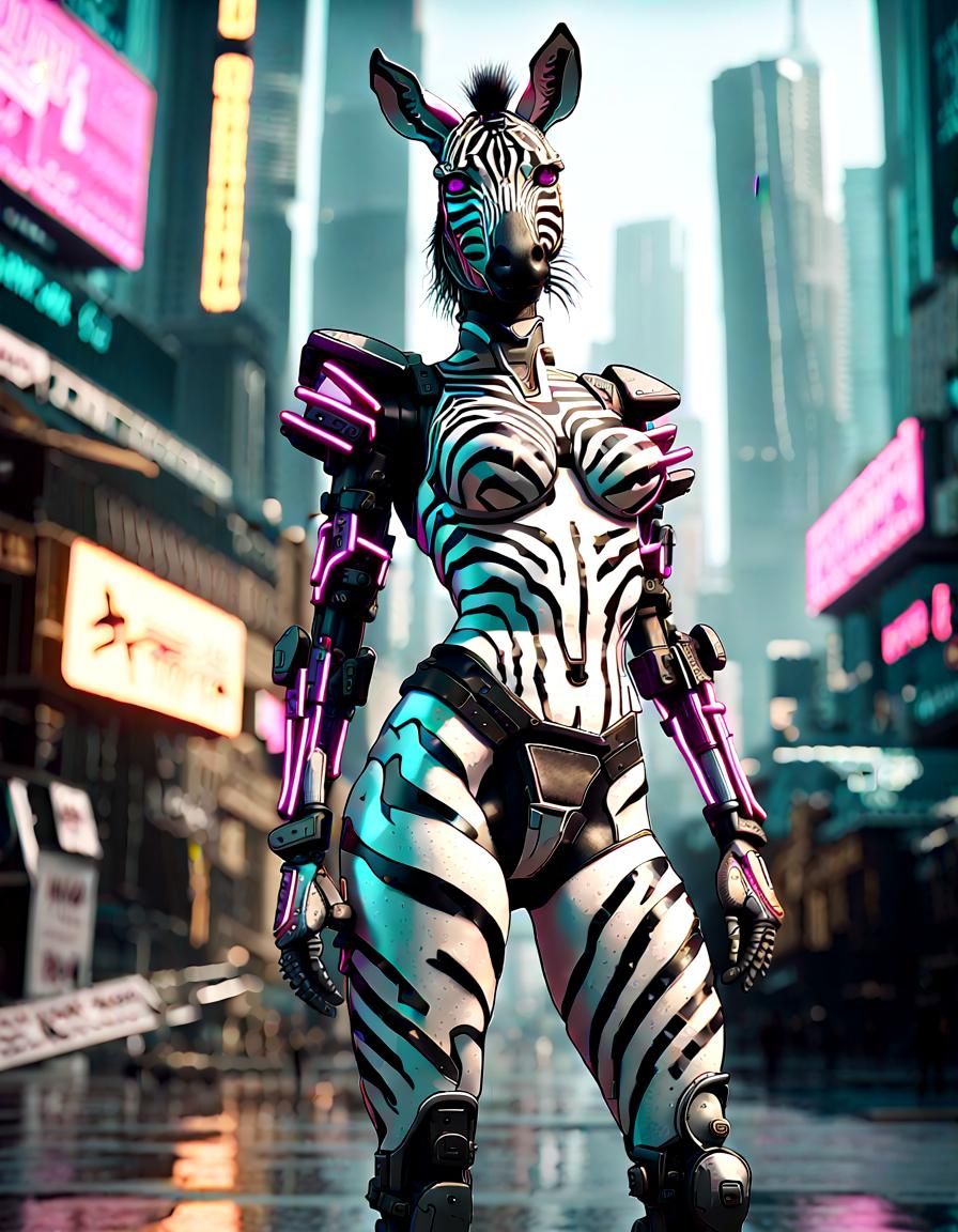 cybernetic anthropomorphic bipedal zebra female (zebra head,...